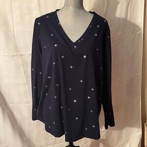 Lane Bryant Navy Blue Long Sleeve V-Neck Silver Snowflake Graphic Top S: 22/24